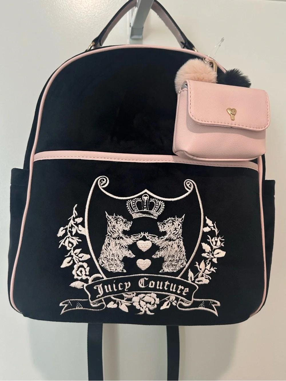 Juicy Couture Black Velvet Backpack with Pink Accents and Crest Embroidery